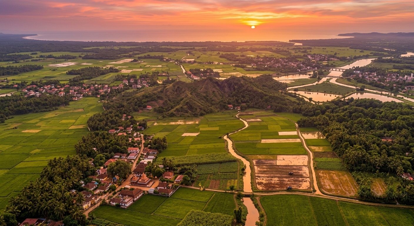Aerial view of rural farmland and rice paddies at sunrise, India